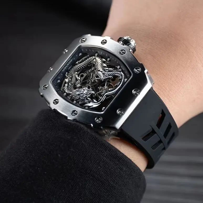 OBLVLO ساعة أوتوماتيكية للرجال 50 مللي متر Tonneau ساعة يد ميكانيكية مضيئة الهيكل العظمي التنين الهاتفي الياقوت مرآة