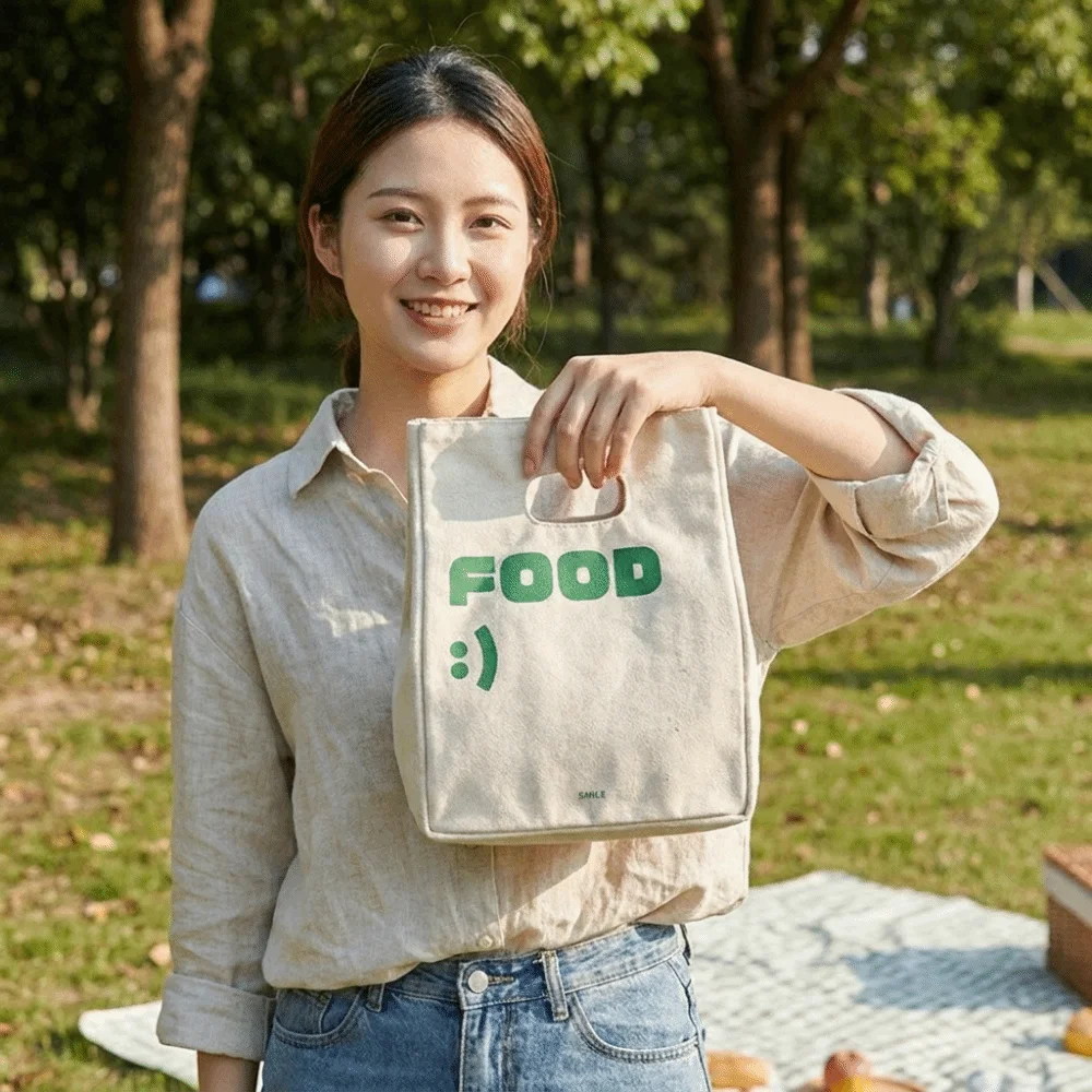 Aluminum Foil Liner Insulated Lunch Bag Canvas Leak Proof Portable Picnic Bag Large Capacity Thick Food Storage Bag Office