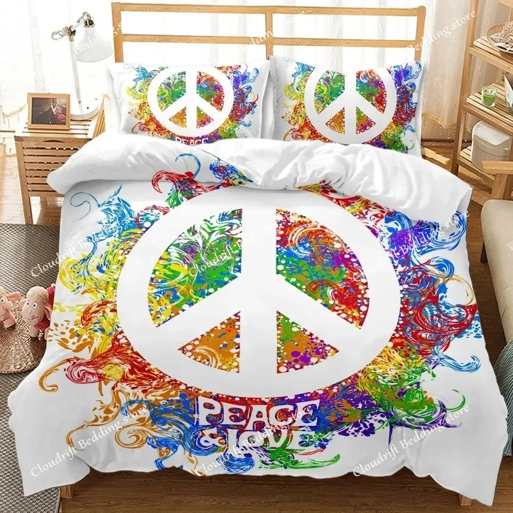 Hippie Peace Art Duvet Cover Set Sign Artwork Bedding Set Comforter Rainbow 3pcs Polyester Quilt Cover for Kids Boys Girls