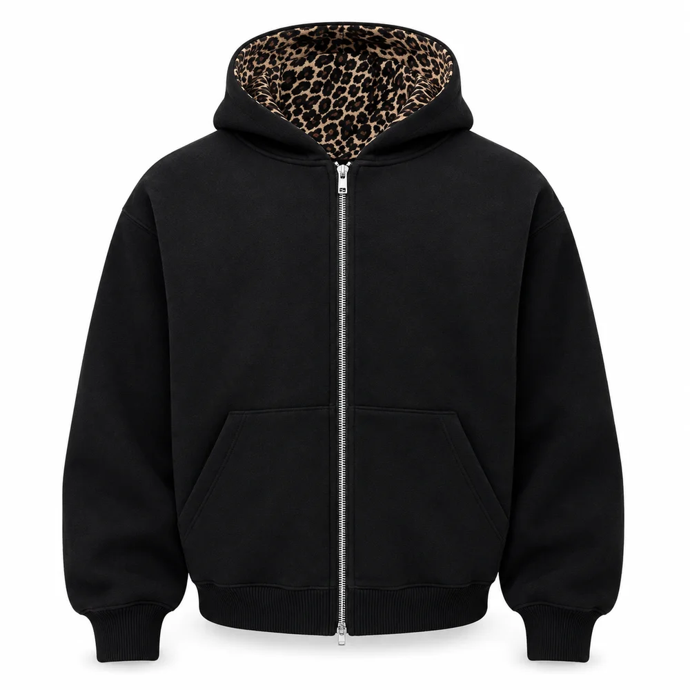 Men Zip Hoodie Contrast Pattern Hood Leopard Plaid Houndstooth Options Long Sleeve Loose Fit Outdoor Streetwear Jacket