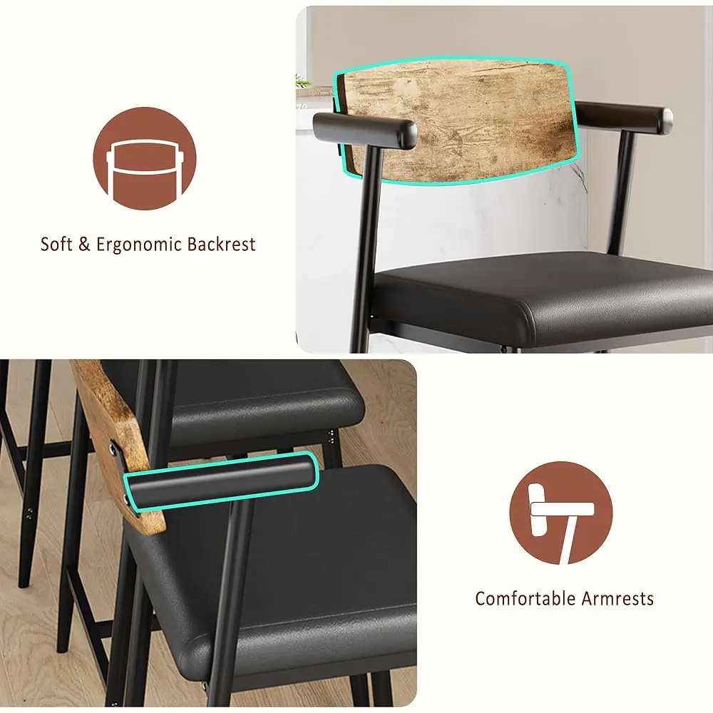 Bar Stools Set Of 2 With Armrests, Counter Height Bar Stools Set With Footrest & Wood Back, Metal Barstools Set With Wide