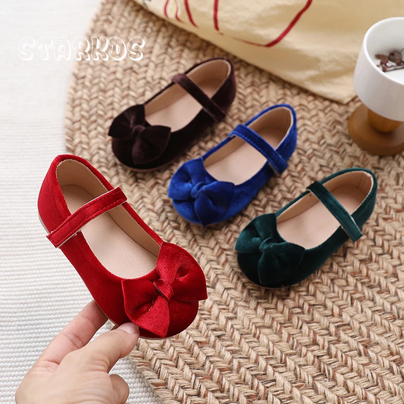 الكلاسيكية Bowknot المخملية الباليه الشقق الفتيات الرجعية الأحمر الأخضر القطيفة ماري جين أحذية طفل رضيع الخريف فستان الأميرة Zapatos