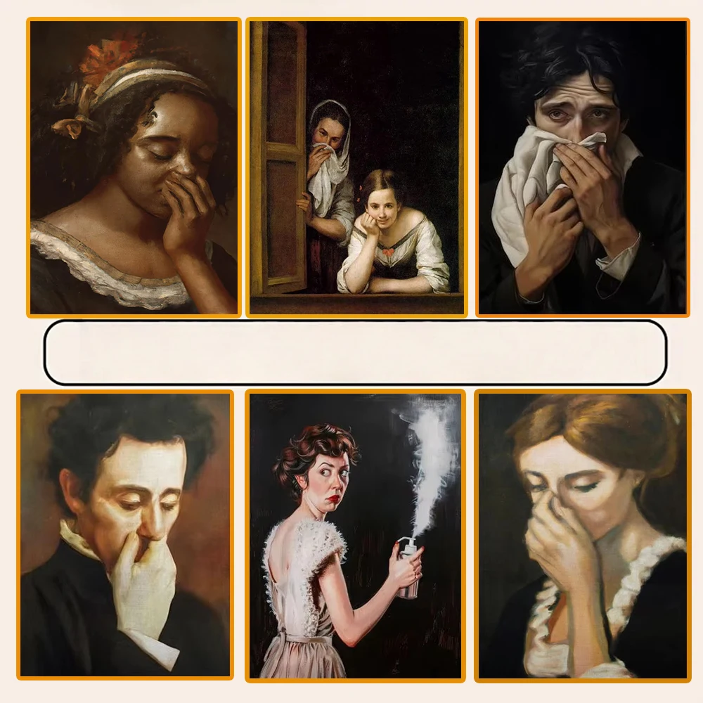 Funny Bathroom Diamond Wall Art Humorous Classical Oil Painting Woman Covering Nose Posters Vintage Toilet Pictures Prints