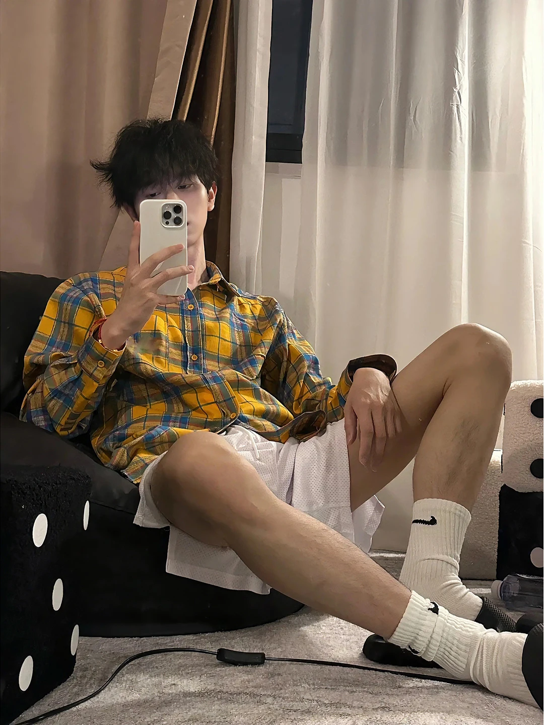 

Retro American Yellow Plaid Long Sleeve Shirt Men's Spring Lazy Style Shoulder High Sensation Pattern Car Coat Loose Fit