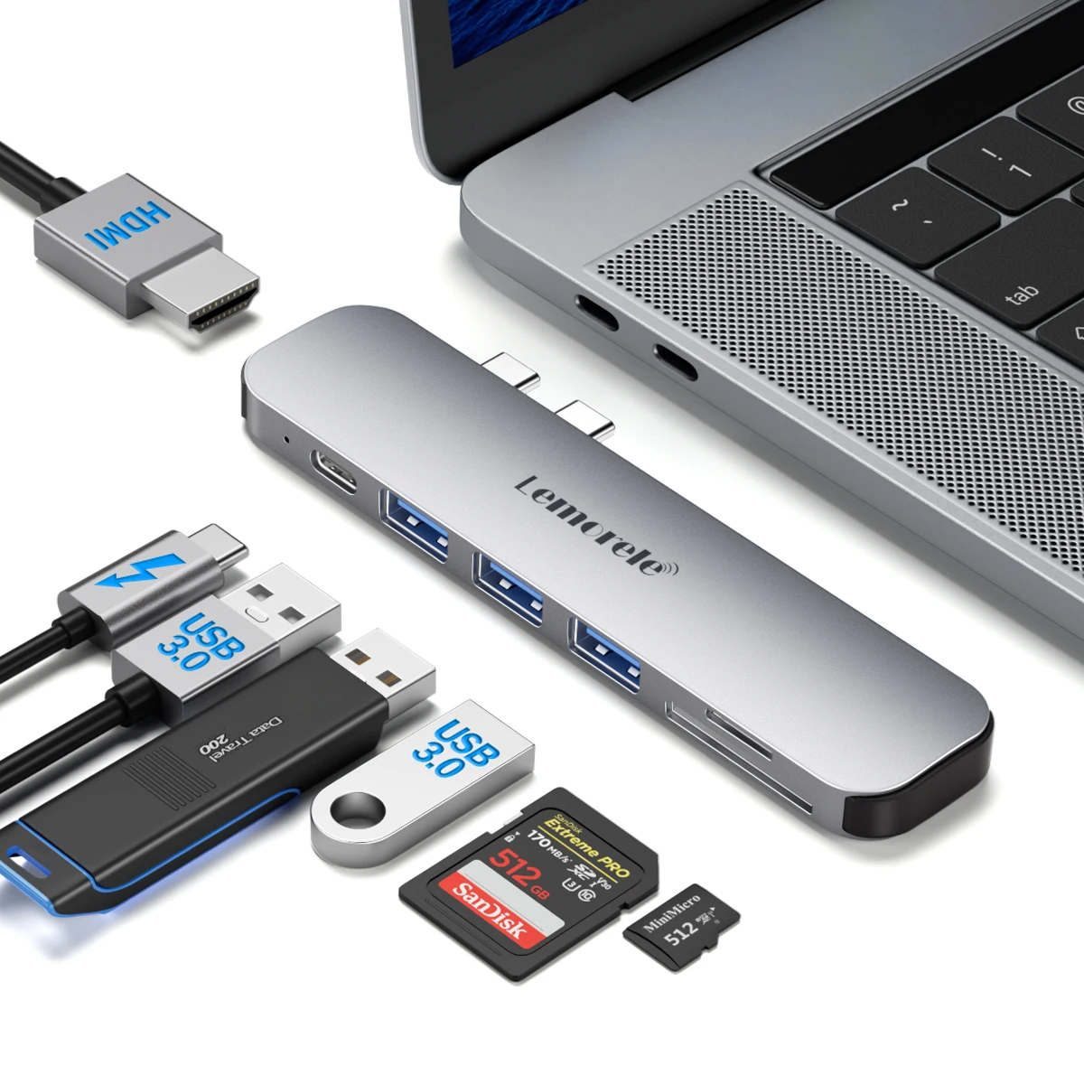 Lemorele TC52 7 في 2 منافذ USB C محطة إرساء من النوع C إلى محول HDMI USB Hub 3.0 5Gbps نقل أسرع لأجهزة الكمبيوتر المحمول MacOS Apple