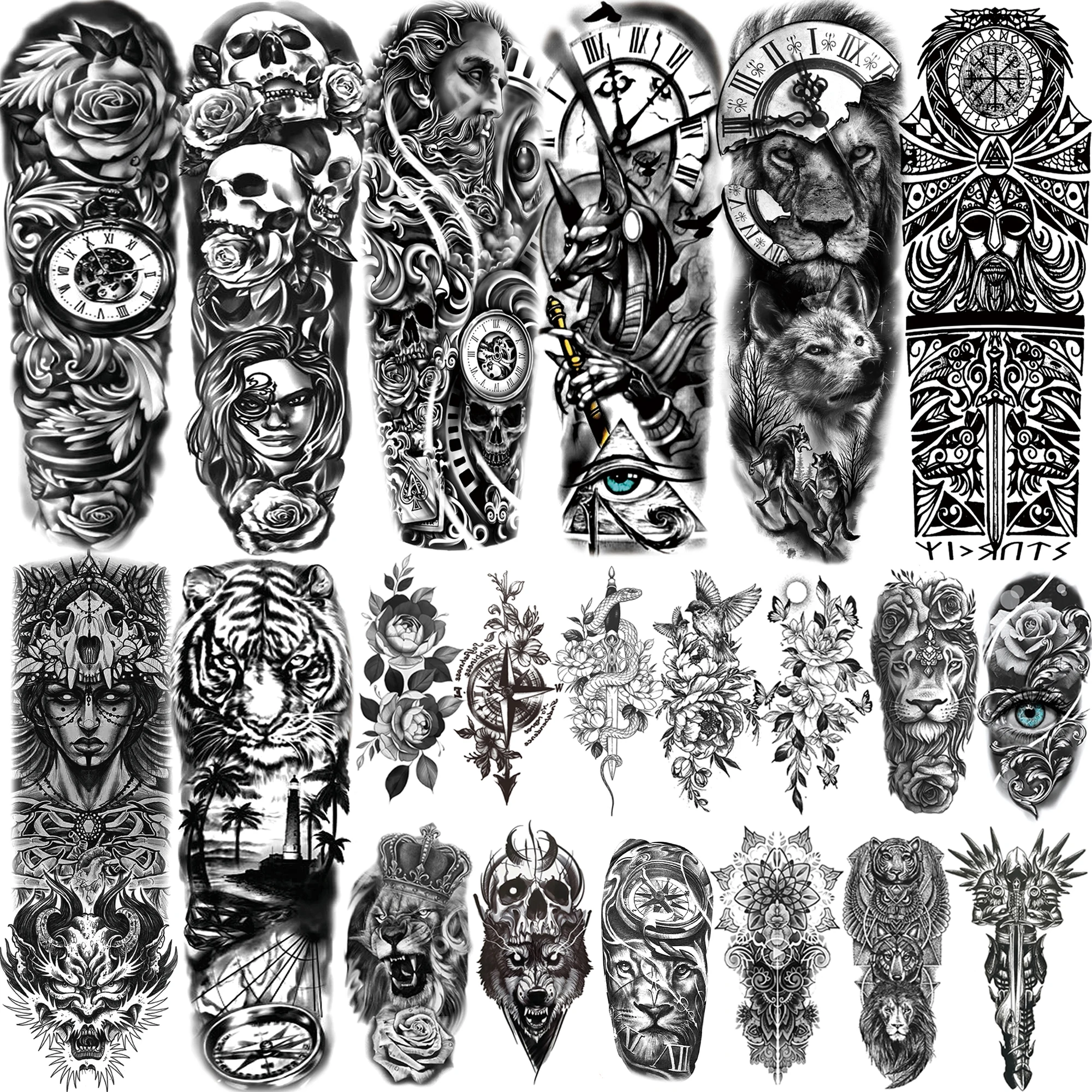 

1 лист тигра, череп, тотем льва, Бог, цветок, поддельный тигр, временные татуировки с длинным рукавом для женщин и мужчин, самоклеящиеся моющиеся татуировки