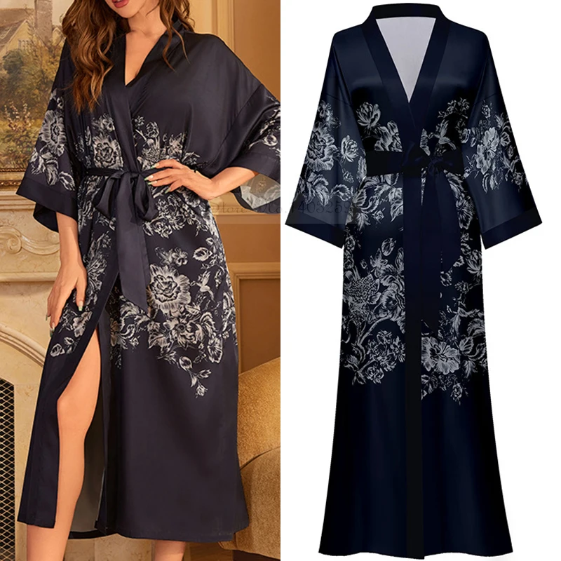 

Print Flower Summer Satin Nightdress Female Long Robe Half Sleeve Kimono Bathrobe Gown Sleepwear Home Wear Loose Lounge Wear