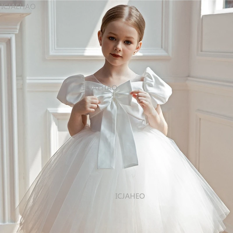 2026 New White Kids Gown Bow Puffy Tulle Princess Dress Celebration Evening Dresses Clothes Children Girls Birthday Party Formal