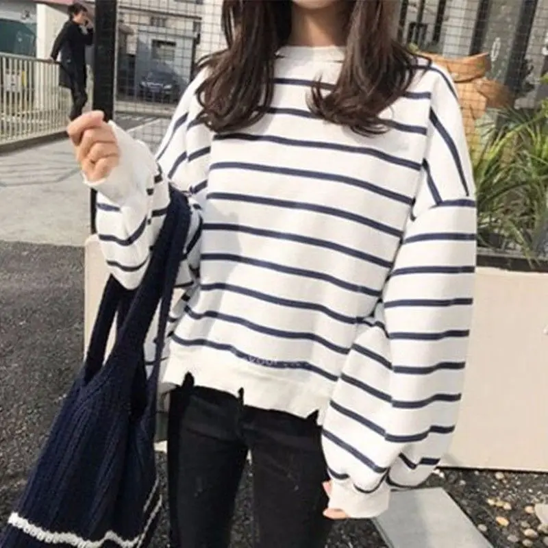 Women\'s Autumn Fashion Office Lady Simplicity Striped O-neck Long Sleeve T-Shirt Women Clothes All-match Casual Loose Tops