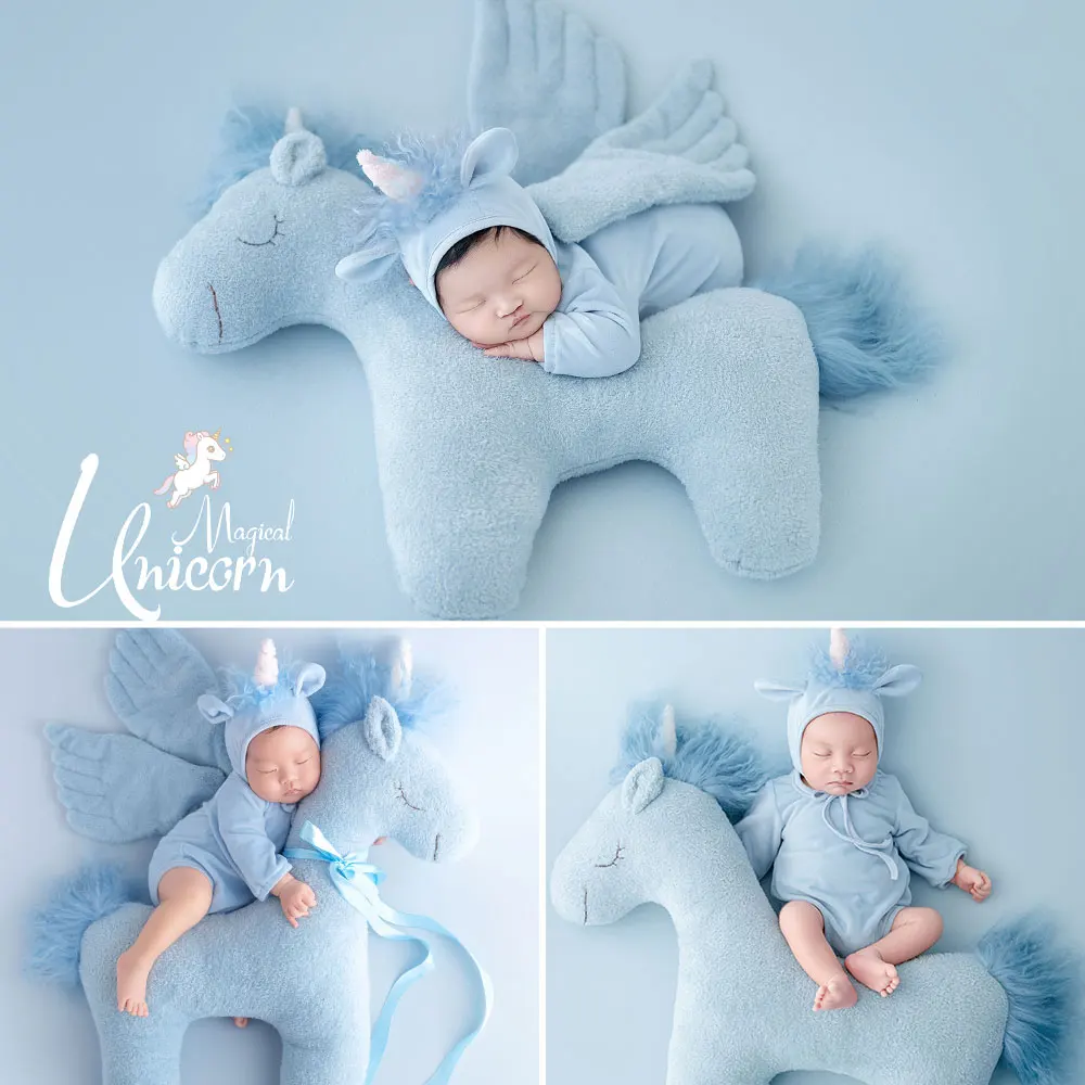 

Комплект для фотосессии новорожденных 0-1 месяц: вязаный костюм в виде лошади, плюшевая синяя лошадка-подушка для позирования, реквизит для студии, тематика: младенец