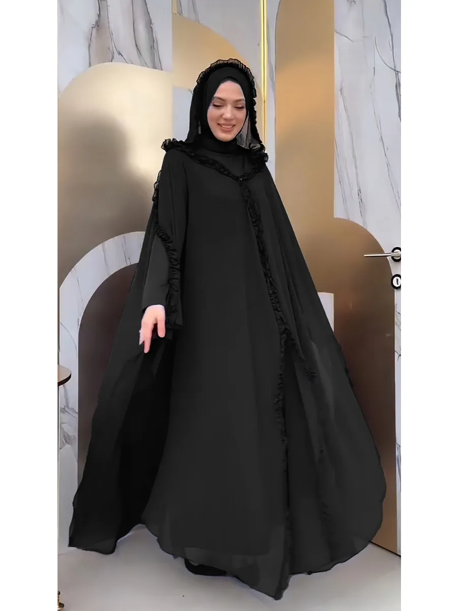 Eid Muslim Party Hoody Dress Women 2 Piece Chiffon Ramadan Abaya Hooded with Cloak Kaftan Vestidos Largos Robe Jalabiya 2024