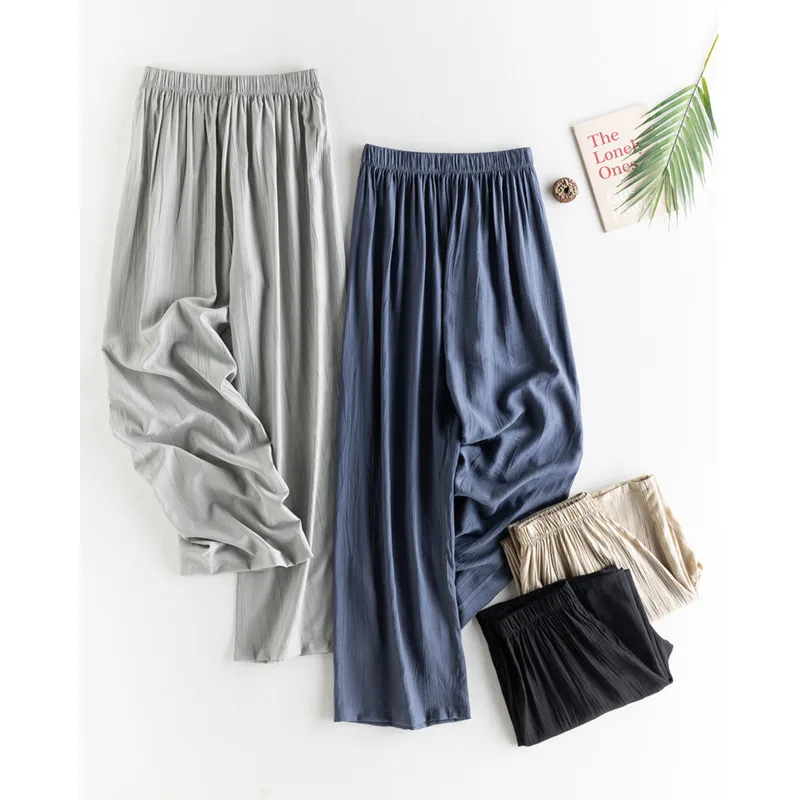 Summer Lightweight Loose Straight Pants Women Korean High Waist Breathable Slightly Wrinkled Casual Wide Leg Pants