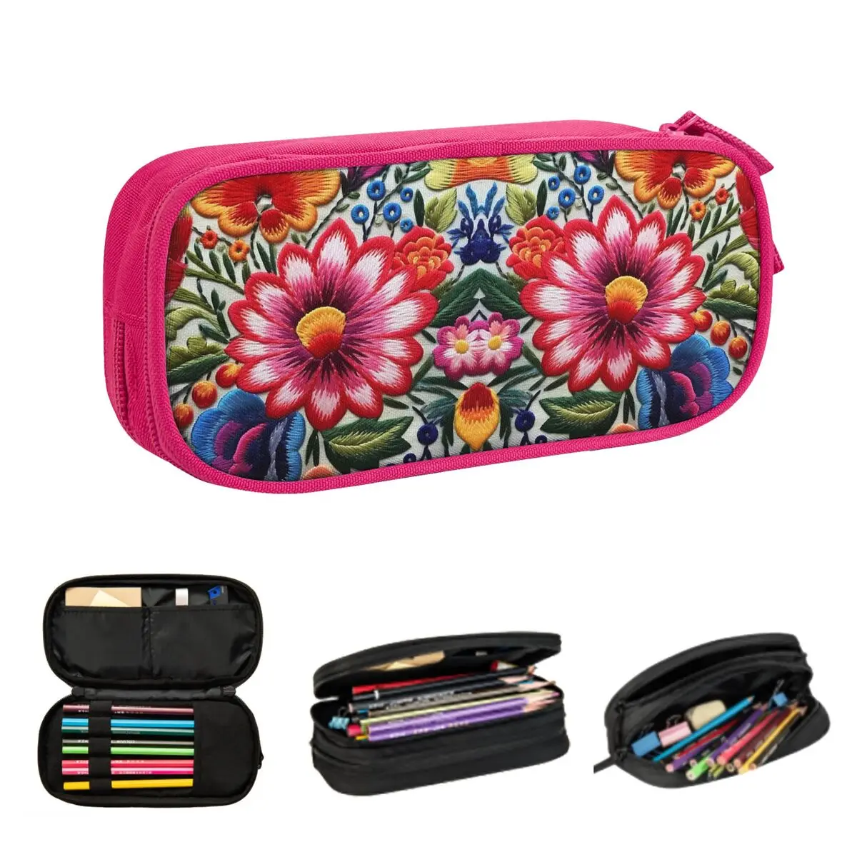 الملونة المكسيكية الأزهار التطريز مقلمة للطلاب مدرسة صندوق القلم حقيبة أقلام رصاص تخزين كبير قلم رصاص الحقيبة حامل قلم