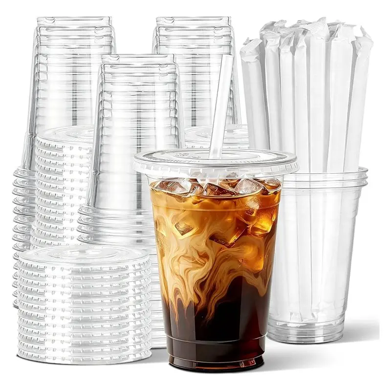 ABRU-Clear Cups With Lids Straws Leak-Proof Sturdy Iced Coffee Cups With Lids,Disposable To Go Cups For Smoothies Cold Drinks