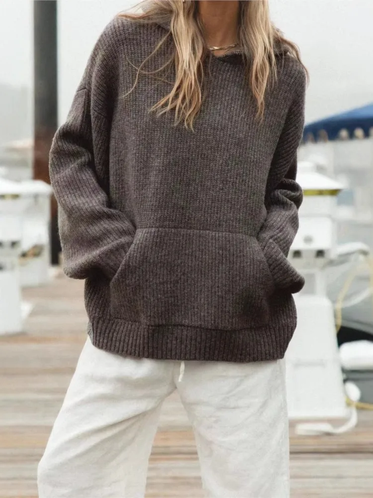 

Свободный женский свитер на зиму, теплый, комфортный, осенний, модный вязаный пуловер, повседневный, однотонный, с капюшоном и карманами