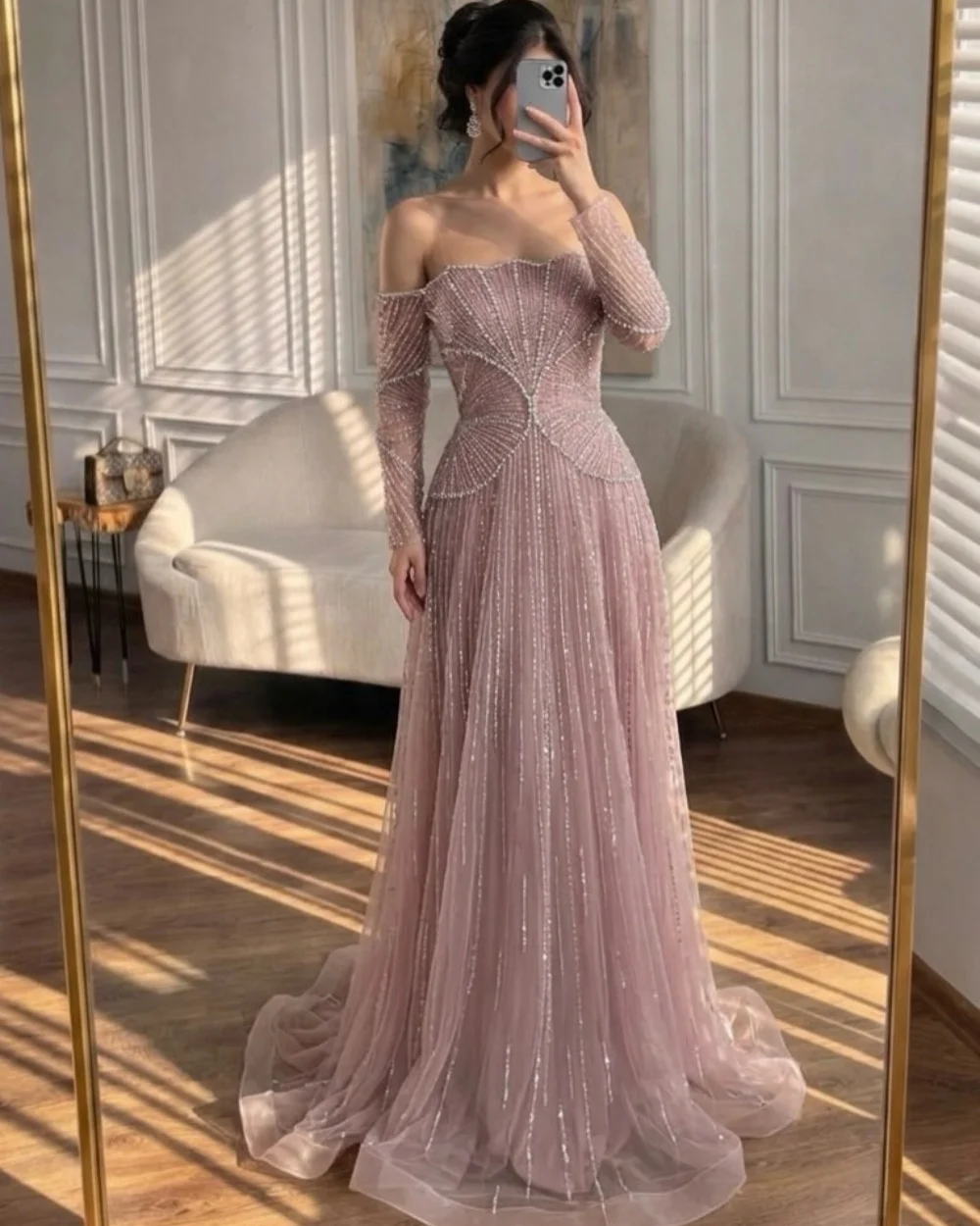 

Customized Exquisite Tulle Rhinestone Beading A-Line Evening Dresses High Quality Sexy Off-the-shoulder Floor Lenght Prom Dress