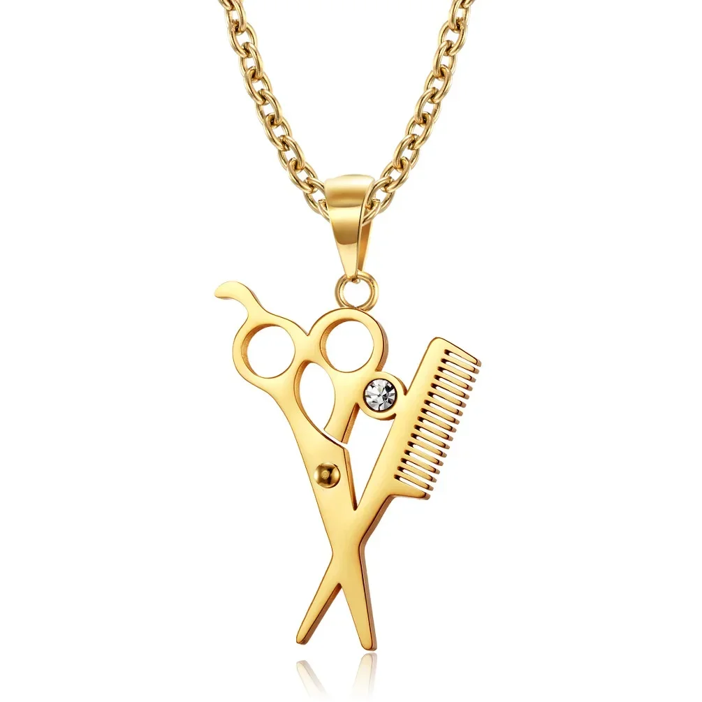 Fashion Men's Necklace for Barber Hairstylist Scissors Comb Pendant Necklaces Male Jewelry Stainless Steel