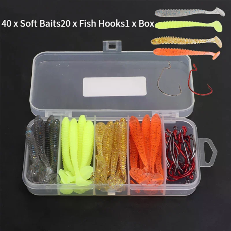 60pcs Outdoor Fishing T-Tail Road Runner Soft Bait Crank Hook Combo Set Fake Bait Set Fishing Gear Set