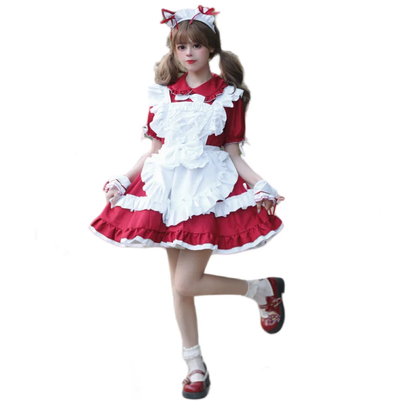 Japanese Lolita Clothing Anime Maid Cosplay Costume Wine Red Doll Neck Bubble Sleeve A-line Dress and White Apron Suit for Women