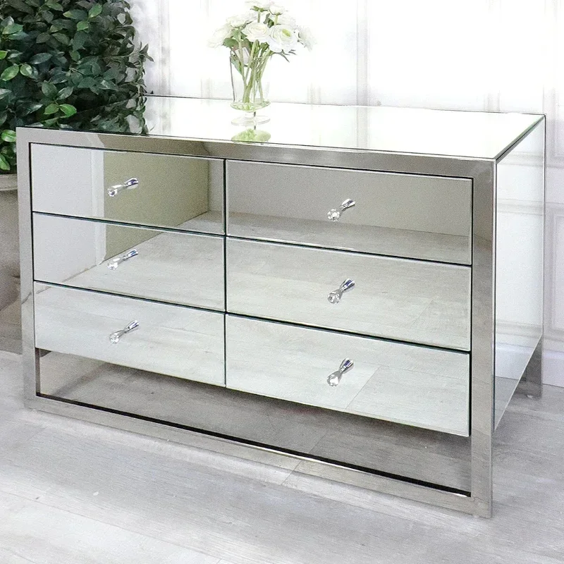 

2022 Luxury Living Room Mirrored Cabinet 6 Drawer Stainless Steel Leg Sideboard Chest for Home Hotel