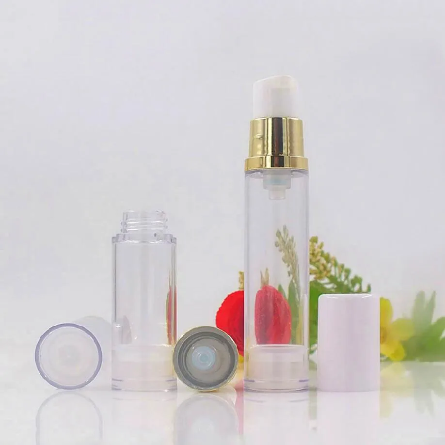 12ml 15ML クリアプラスチックエアレスボトル ゴールドポンプ ホワイト蓋 ローション/エマルジョン/美容液/アイエッセンス ファンデーション 化粧水 化粧品包装