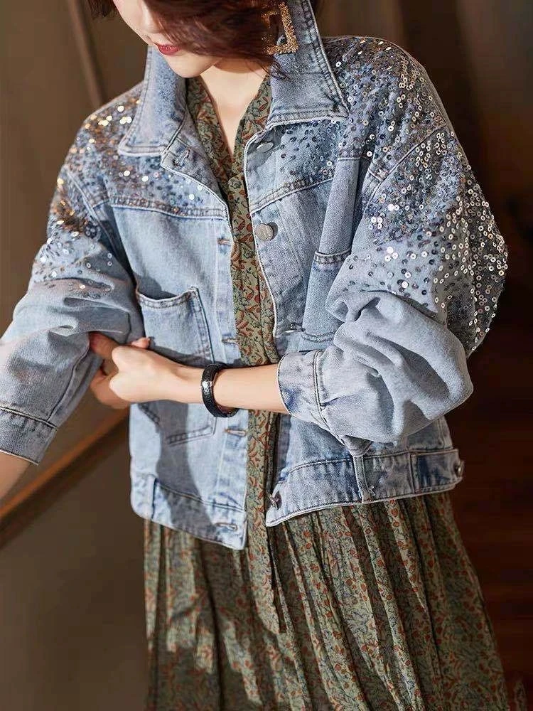 

Fashion Sequin Denim Jacket For Women 2025 New Short Loose Slim Denim Coat Tops Sping Autumn Women Heavy Industry Denim Jacket