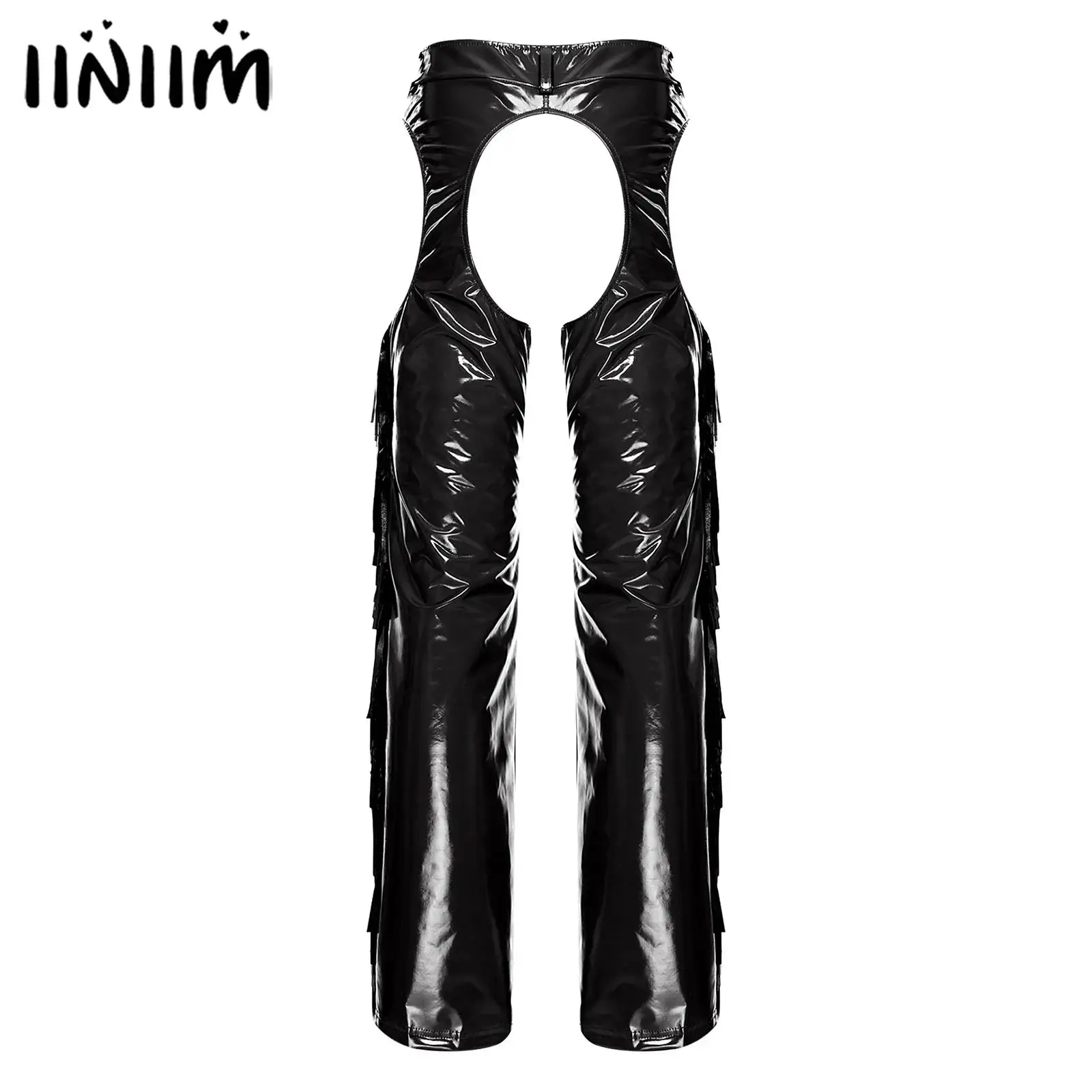 กางเกงขายาวผู้หญิงแบบมันเงา ช่วงเป้าและต้นขาเว้า แต่งพู่ระยิบระยับที่ตะเข็บข้าง ทรงขากว้าง เหมาะสำหรับงานปาร์ตี้ คาวเกิร์ล เรฟ และคลับแวร์