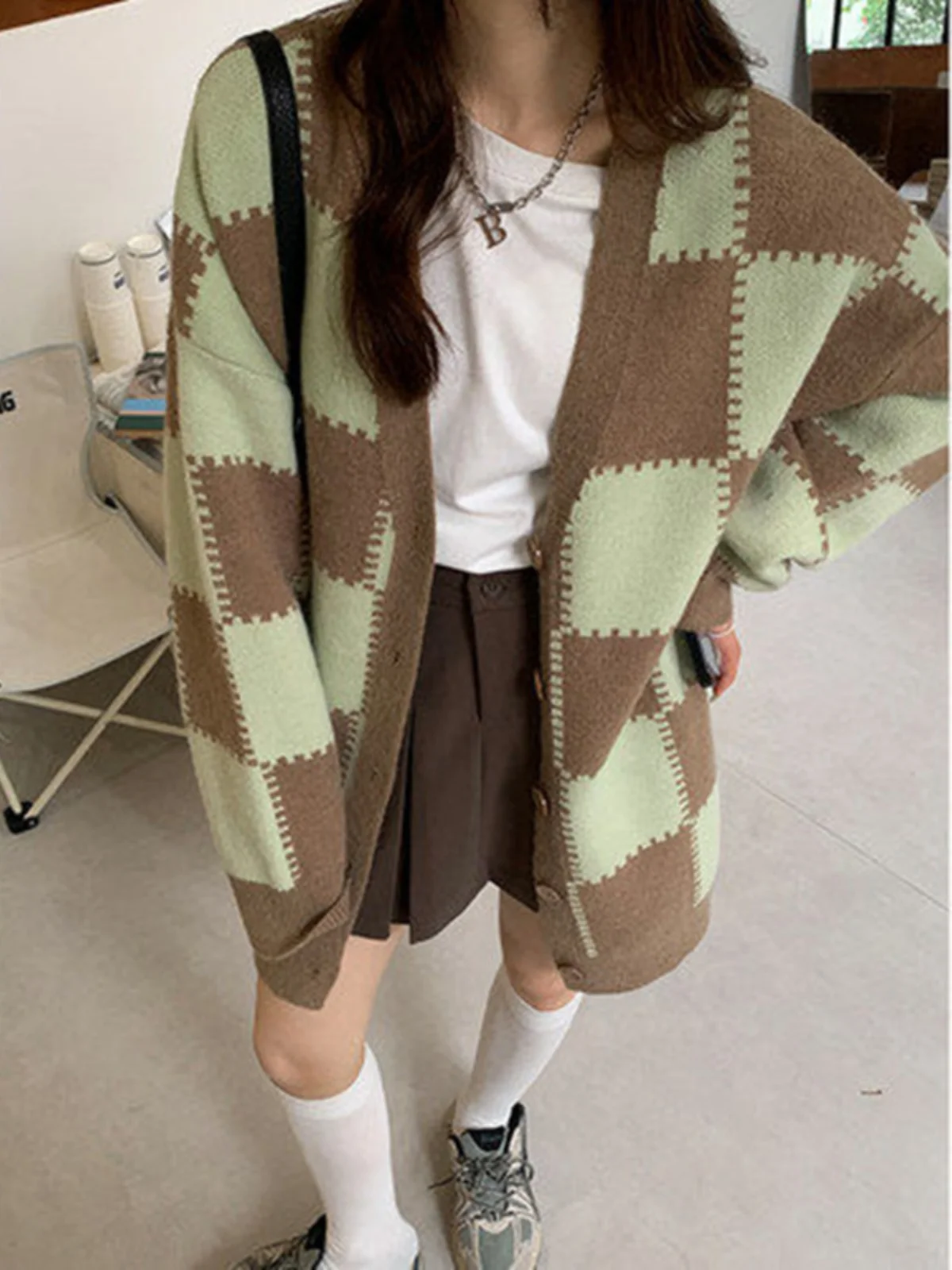 Slimming Autumn Winter V-ne Knitwear Casual Long Sve Chboard Pattern Small Fraance Sle Loose Open Cardigan Sweater