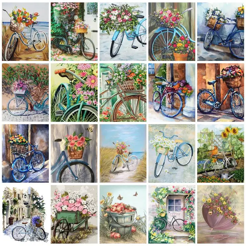 

RUOPOTY Diy Painting By Numbers Bicycle Flower Picture By Numbers 40X50 With Frame Adults Crafts Wall Decor