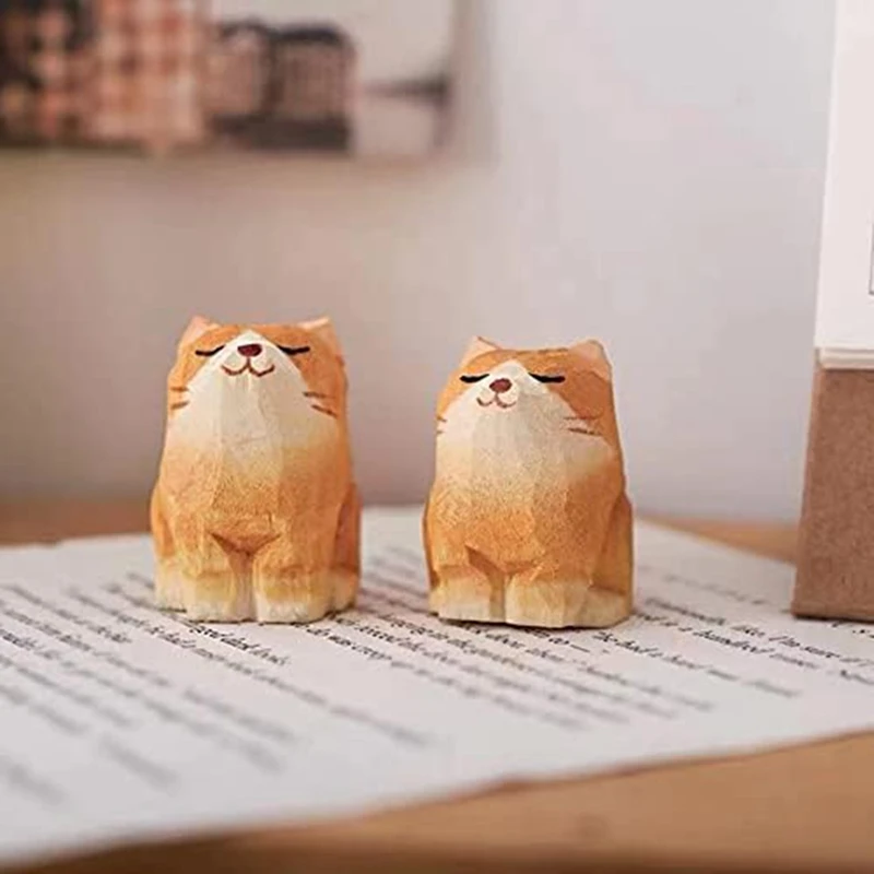 Wooden Cats Figurines Sculpture Statue Lovely Small Carved Orange Cats Statue Handmade Wood Kitten Art Carving Work Durable