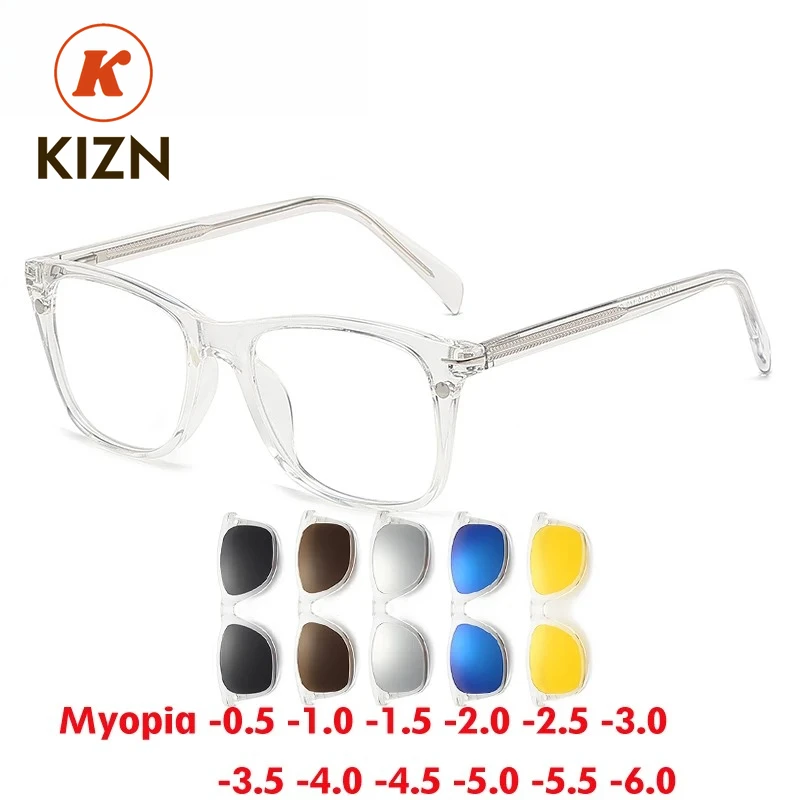 

KIZN Sports 6 In 1 Transparent Frame Myopia Sunglasses Magnetic Clips Eyewear Men Women Polarized Custom Optics Glasses -0.5 TO