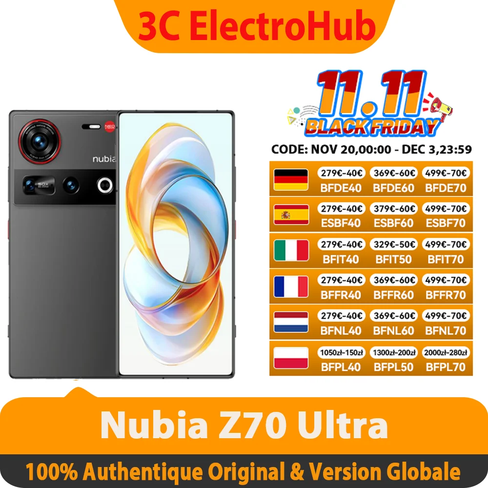 Nubia Z70 Ultra Smartphone 5G Snapdragon 8 Elite 6.85 144Hz cran OLED 6150 mAh batterie 64MP camra Android 15 NFC IP68 et 69 Gl