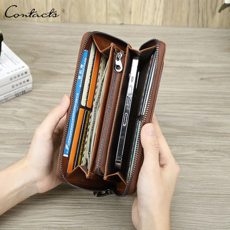 CONTACT'S Genuine Leather Men Wallet Long Casual Zipper Handbags RFID Card Holders Men Coin Purses Money Clip Men's Wallet