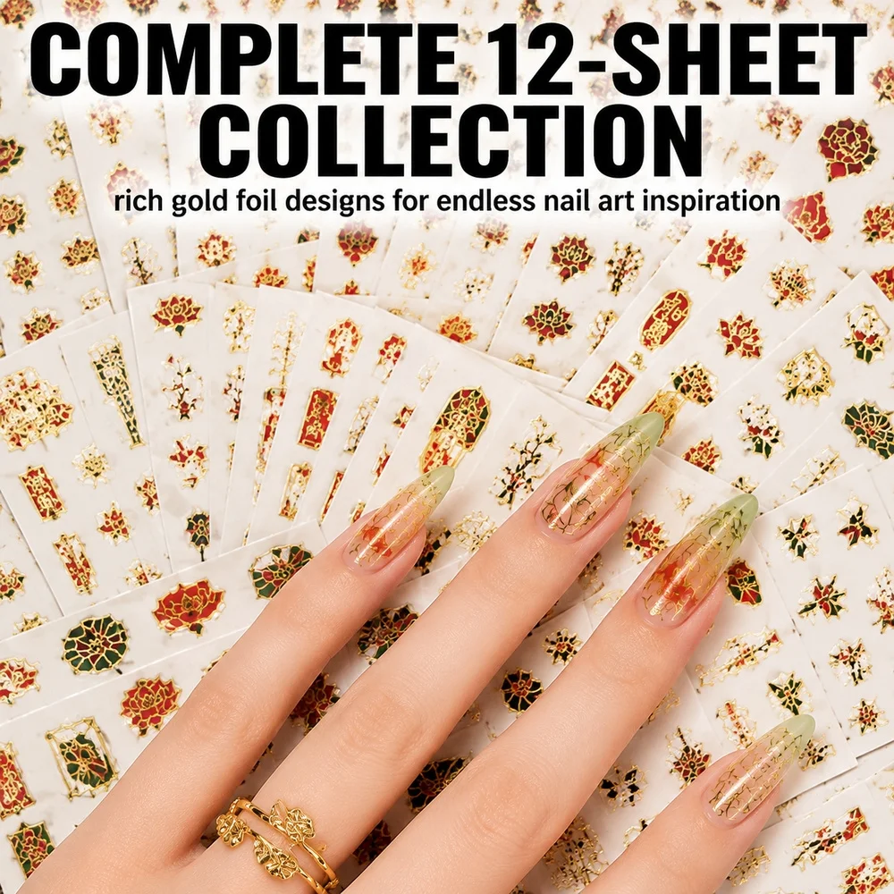 12Sheets Luxury Gold Hot‑Stamping Nail Decals Oriental Koi Lotus Crane Floral Elements Adhesive Stickers DIY Nail Art Supplies