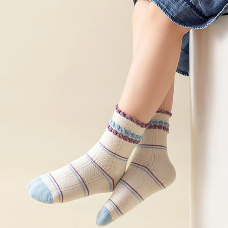 Five pairs of girls' cute cartoon purple bunny knee-high socks, soft, comfortable, breathable and versatile