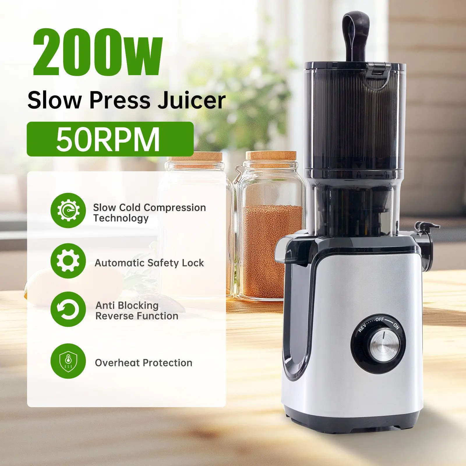 Cold juicer, chewable juicer, wide feeding trough for easy cleaning, suitable for whole vegetables and fruits