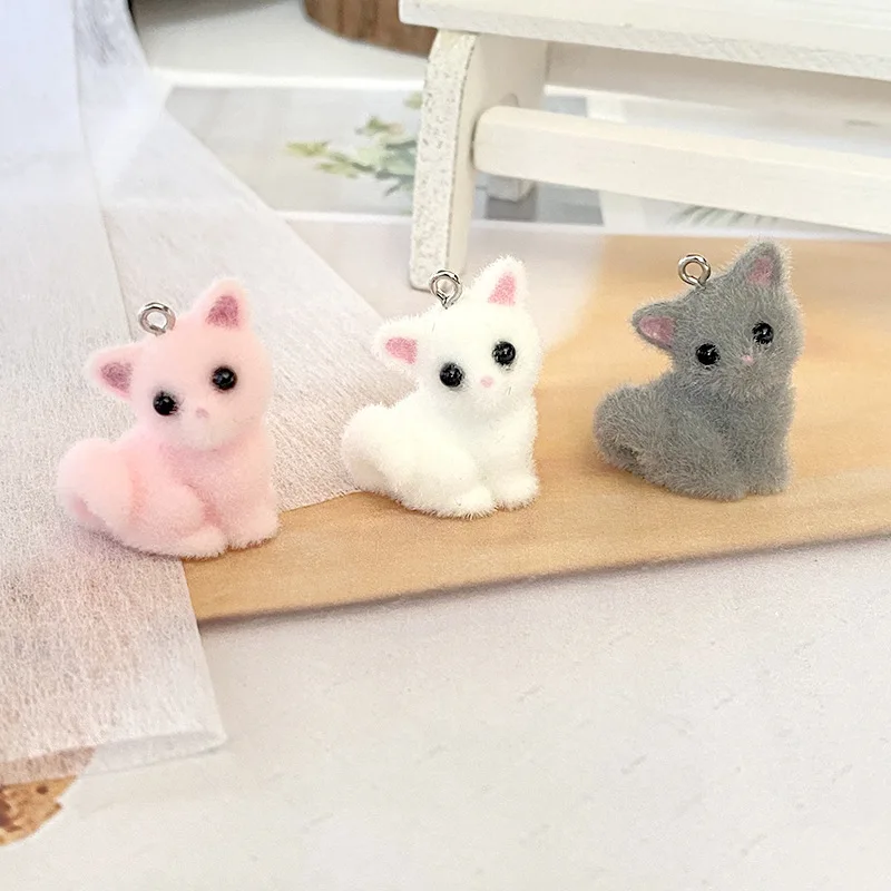 Flocked Pink White Fox Cat Kawaii Cute Figure Collect Model Backpack Pendant Mini Toy Gift for Kid Boy Girl