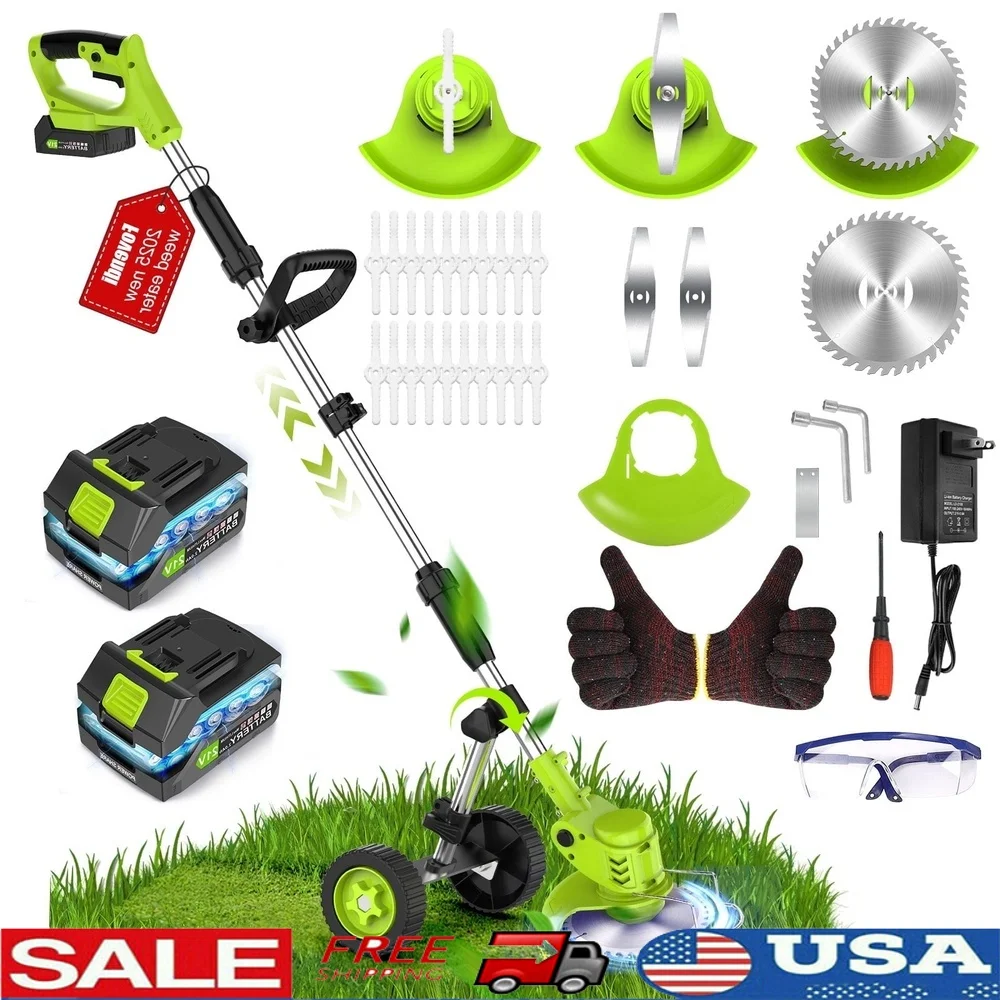 

Cordless 3-in-1 Battery Powered Weed Eater with Metal Wheels Adjustable Telescopic Pole High Power Lawn Trimmer Edger Brush