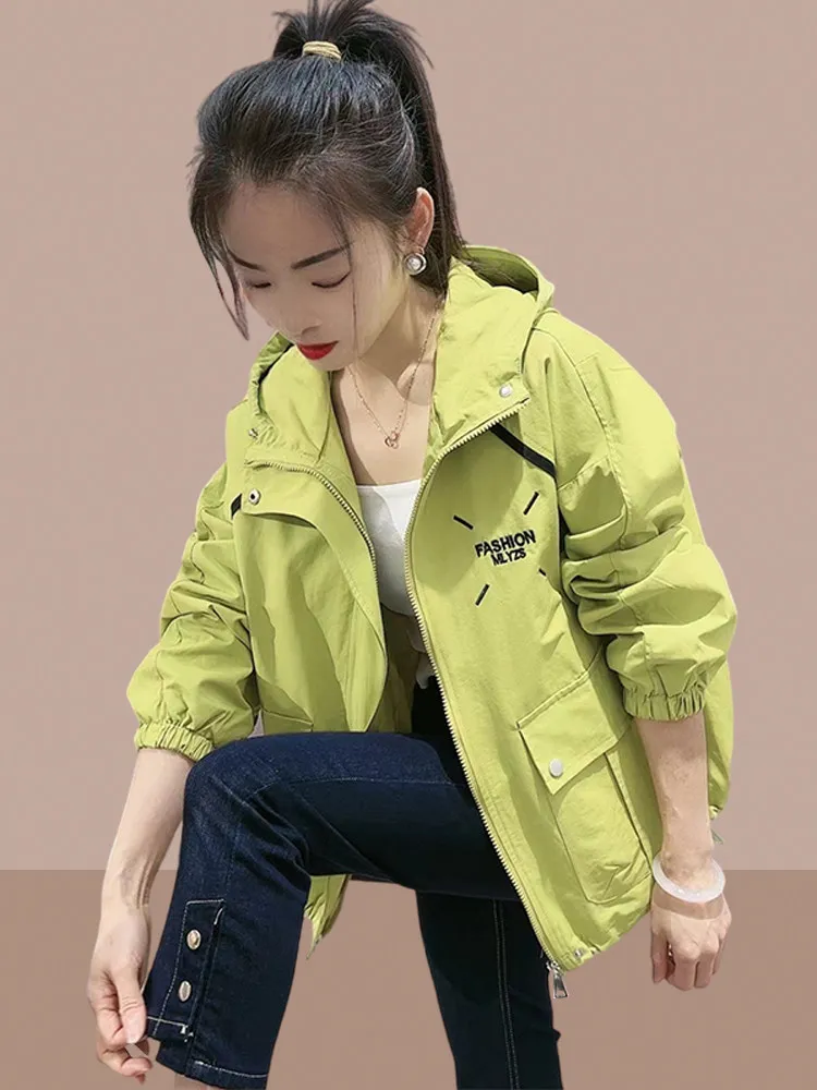 

Spring Autumn New Sle Women's ort Jaet Coat Faionable Artistic Loose Fit Long Sve Hooded Straight Hemline Coat