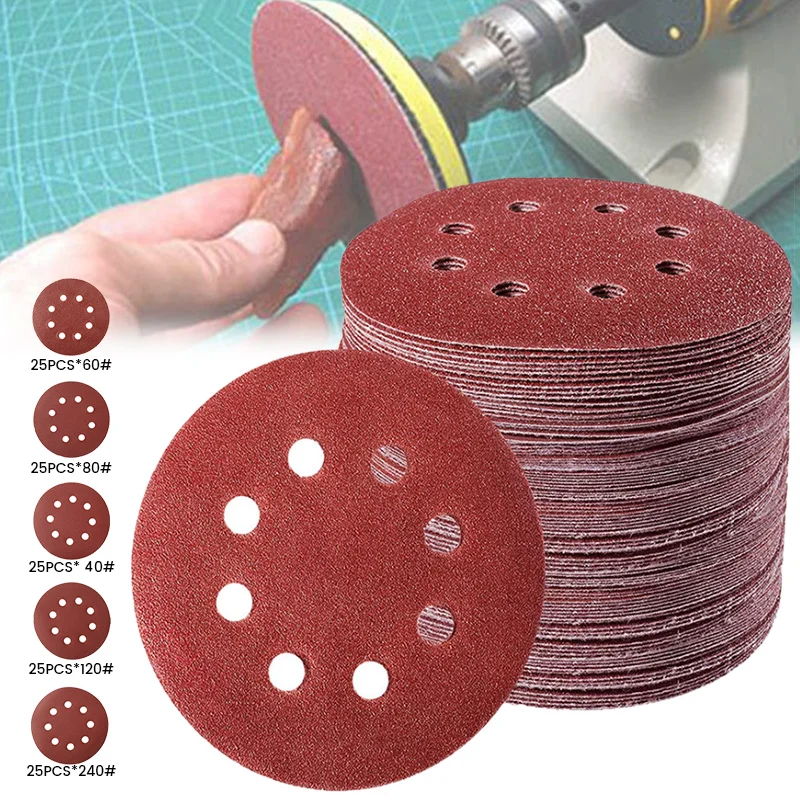 

125pcs Sanding Discs 8 Hole 125mm Sandpaper Assortment 40-240 Grit Abrasive Polishing Tool Woodworking Metal Grinding Discs