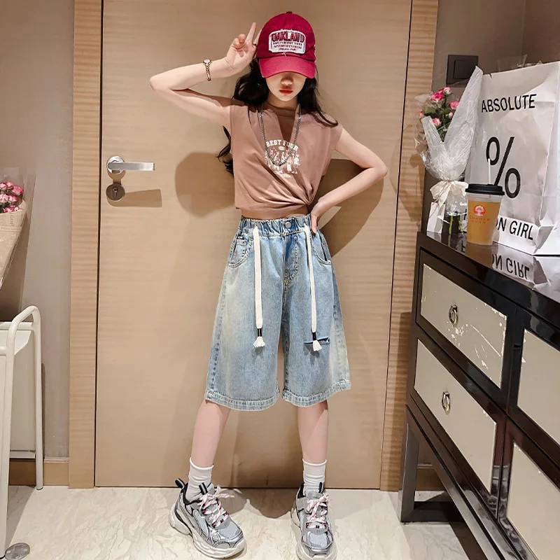 

Girls' Sleeveless T-shirt &Jeans Shorts Set for 4-13 Years 2024 Summer Korean Style Five-point Pants Wide Legs