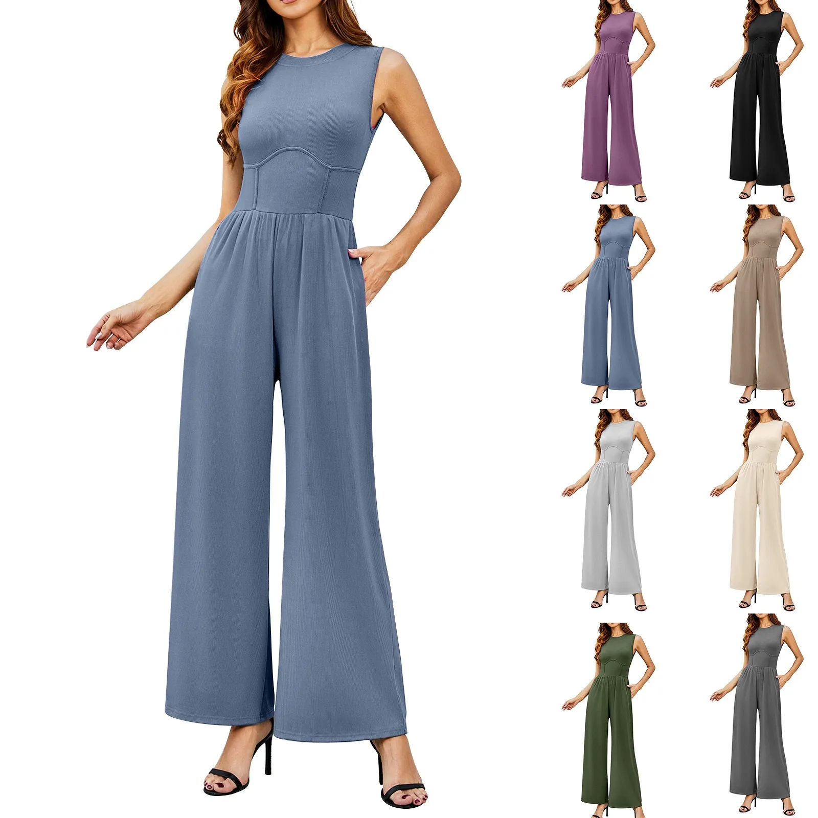 Women\'S Jumpsuits 2024 Casual Summer Sleeveless High Neck Rib Tank Top Wide Leg Pants Romper Tummy Control High Waist Jumpsuits