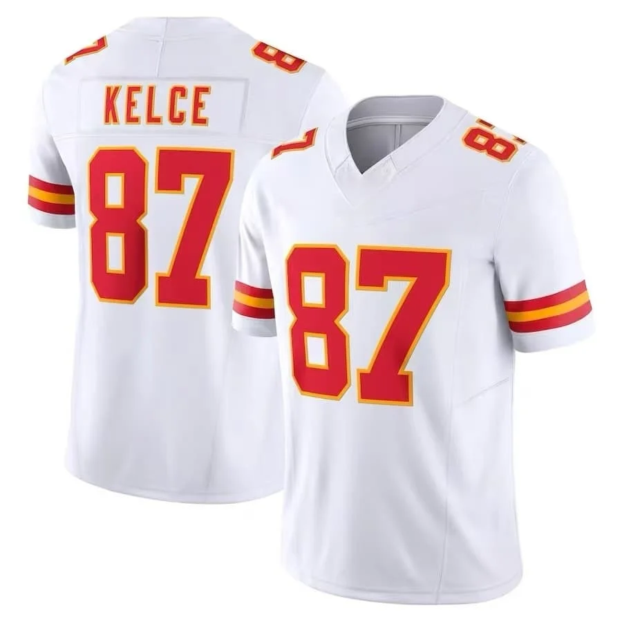 Herren 87 Kansas City Red Heim-Fußballtrikot mit Nummer, gestreiften Bündchen, V-Ausschnitt, kurzen Ärmeln, Kisd Sports Fan-Trikot, passend für die ganze Familie – Detail 4