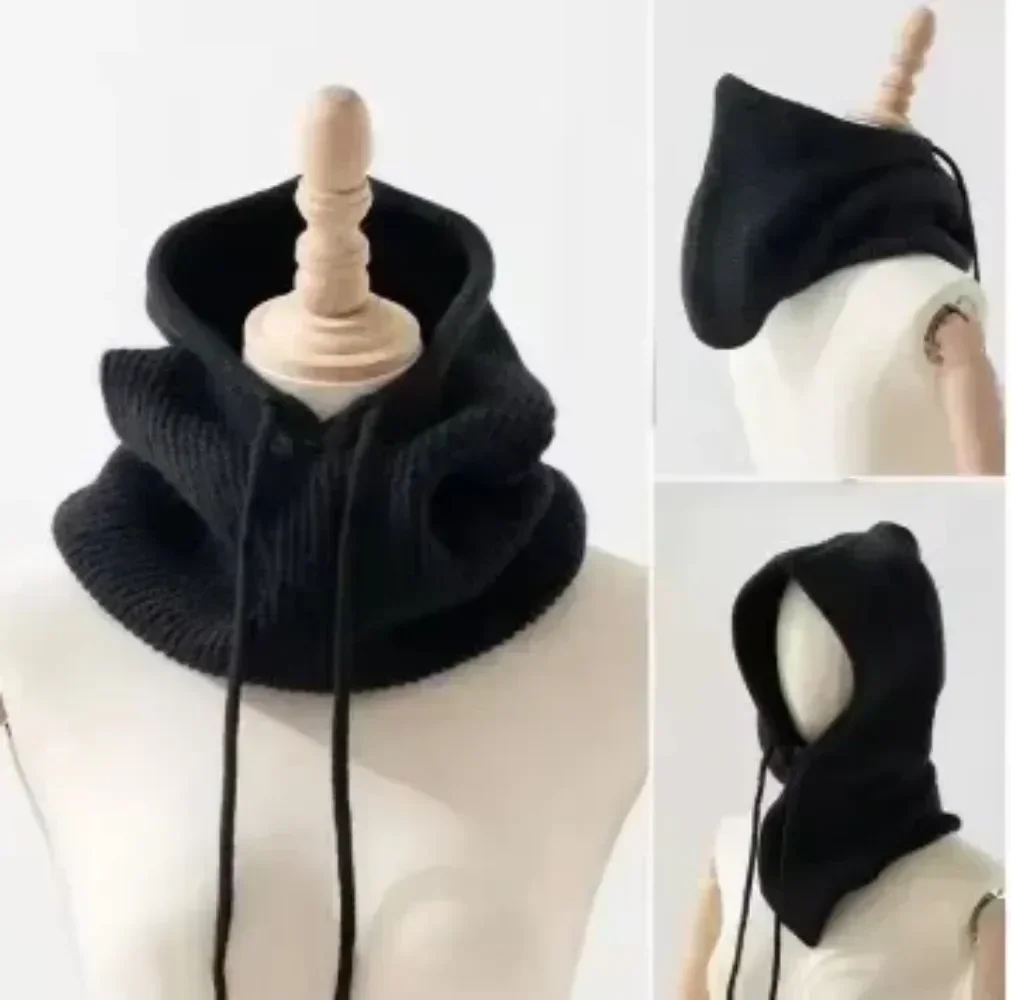 Vrouwen Winddichte Sjaal Met Capuchon Hoeden Skullies Effen Kleur Gebreide Trui Trekkoord Bivakmuts Winter Warme Muts Beanie Cap