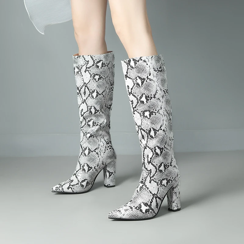 2023 Autumn Winter Sexy Snake Pattern Mid-calf Long Boots Ladies 10cm Block High Heel White Black Party Women Shoes Drop Ship