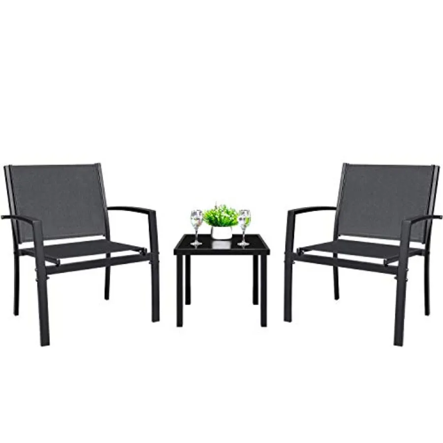 

Outdoor garden conversation set: 3-piece modern patio furniture in black metal with tempered glass coffee table, ideal for pool