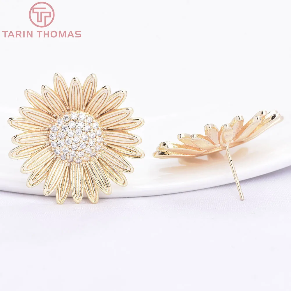 (10642) 2PCS 25.5MM 18K Gold Color Brass with Zircon Daisy Shaped Sunflower Shaped Stud Earrings High Quality Jewelry Findings