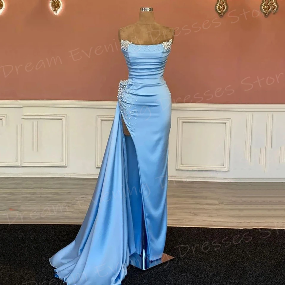 Gulle Hemelsblauwe Vrouwen Zeemeermin Mooie Avondjurken Sexy Strapless Parels Kralen Prom Jurken Side High Split فساتين سهرة