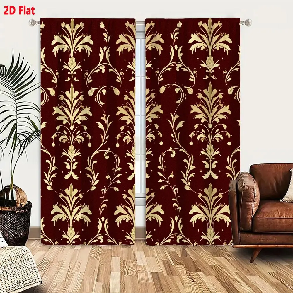 2Pcs Curtains 2D Flat Seamless Burgundy Damask Pattern With Gold Floral And Foliate Motifs Window Drapes for Bedroom Room Decor