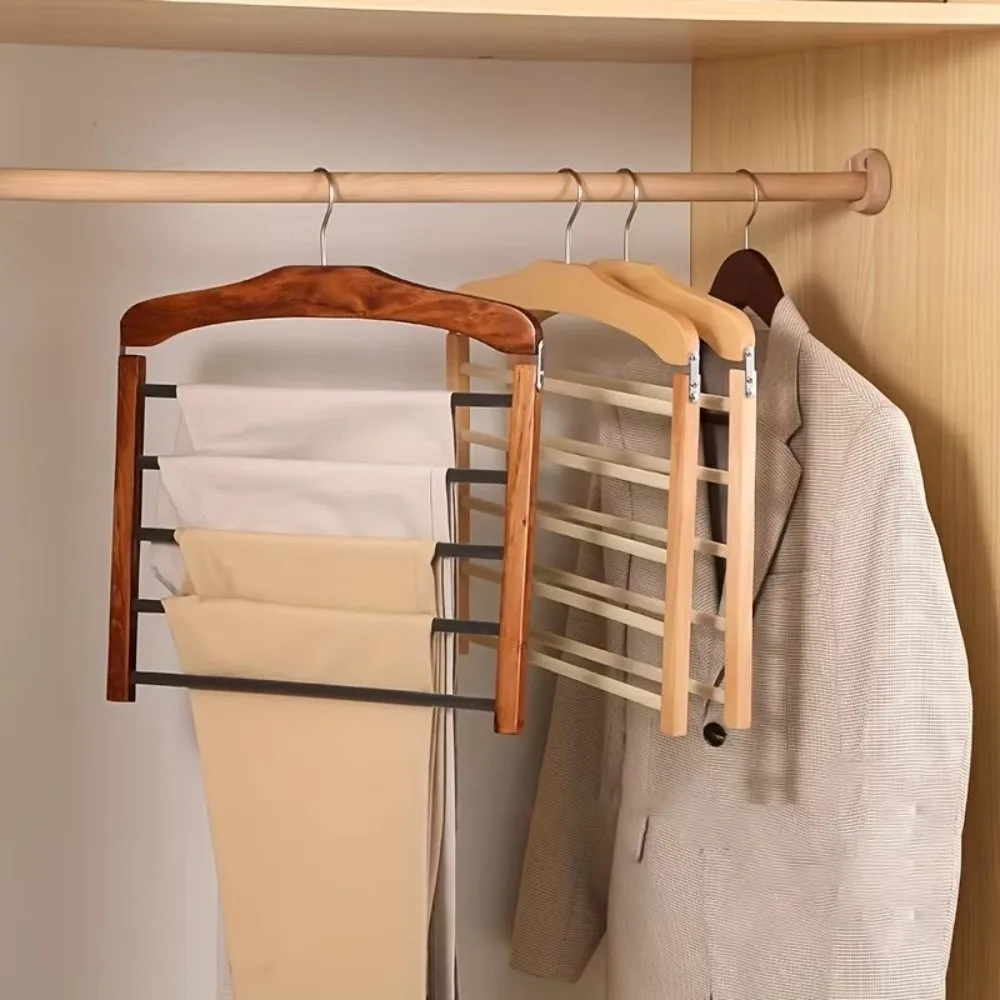 Premium Quality 5-layer Pants Hanger Flocking Wooden Tie Storage Rack Anti-slip Closet Organizer For Ties, Scarves & More